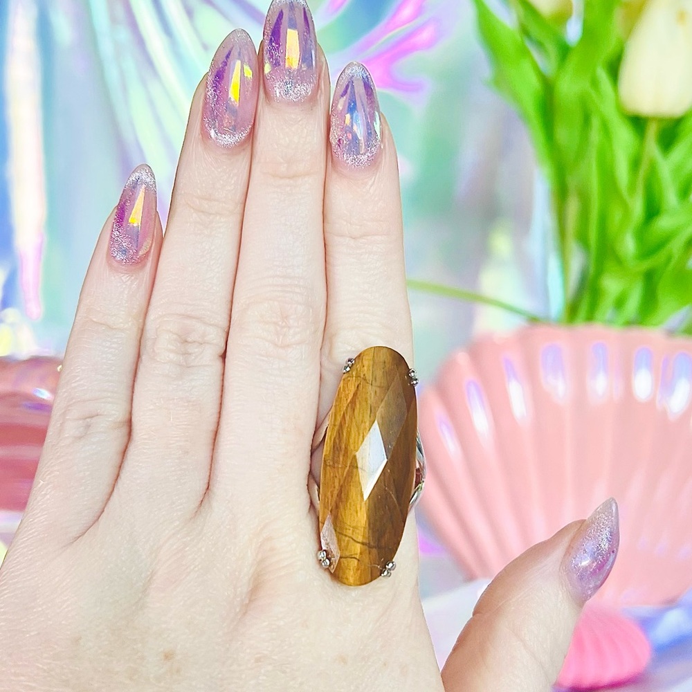 Long Oval Beveled Tigers Eye Statement Ring - image 1